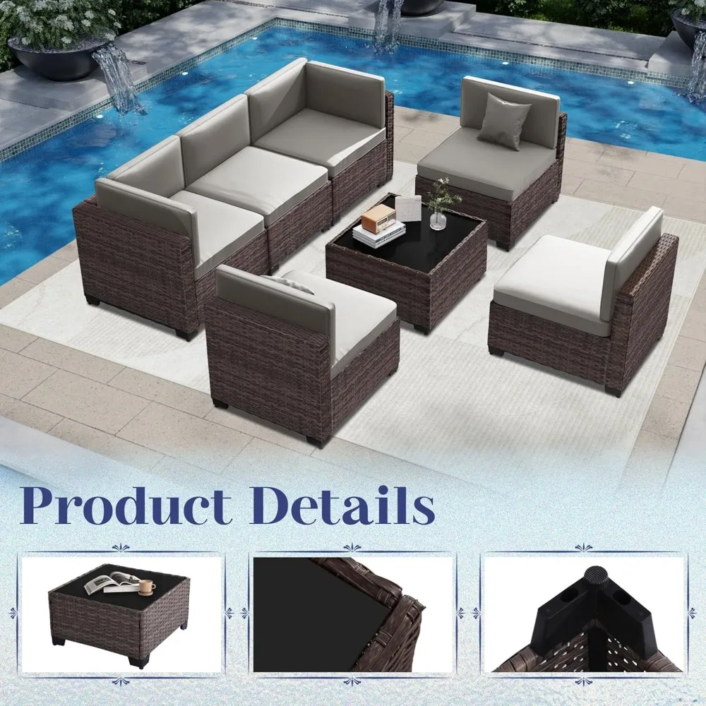7-Piece Outdoor Modular Sectional Sofa Set with PE Rattan, All-Weather Wicker Patio Conversation Furniture
