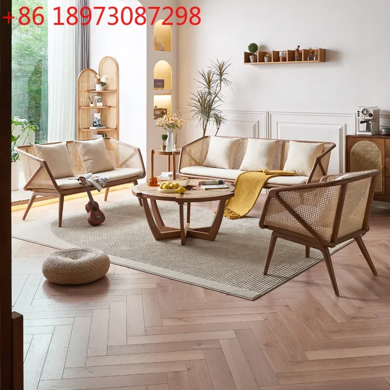 

Wabi-sandy wind solid wood rattan sofa combination retro living room ash wood leisure small apartment bed and breakfast chair