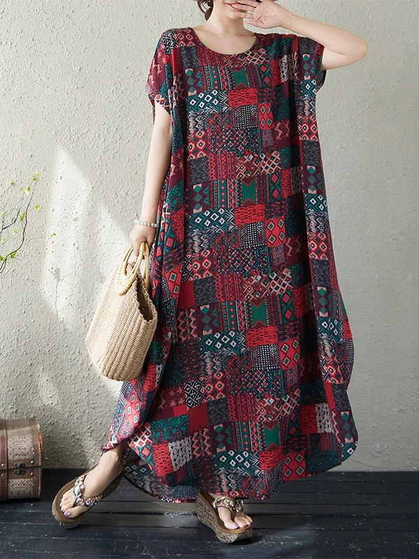 

Свободное хлопково-льняное платье с круглым вырезом и принтом, женское, до колен, в художественном стиле, с карманами, летнее