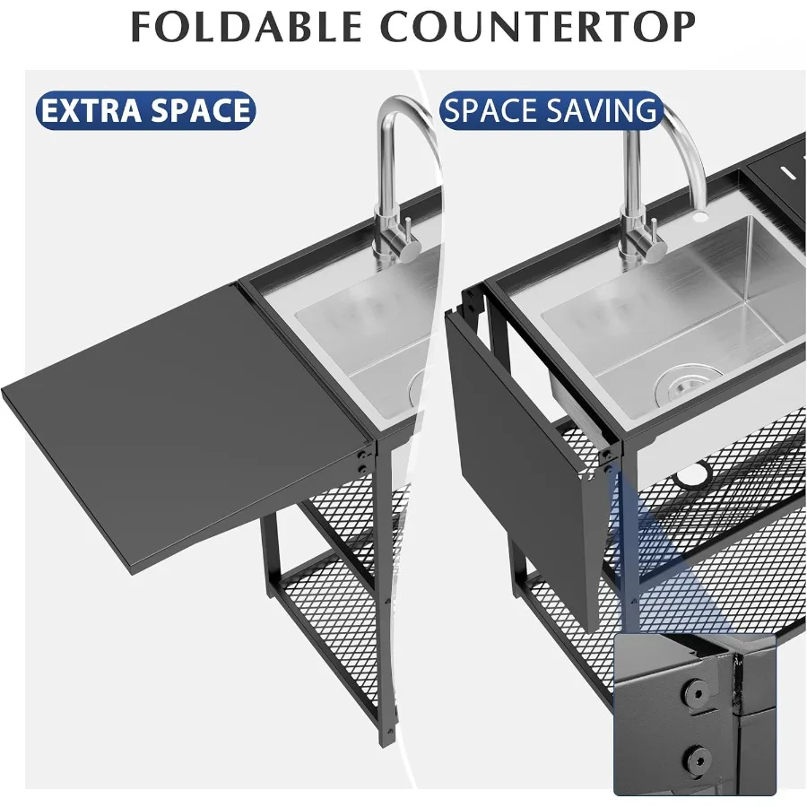 55 Inch Freestanding Kitchen Utility Sink with Stainless Steel Single Bowl Foldable Countertop and Cold Hot Water Faucet for Fa