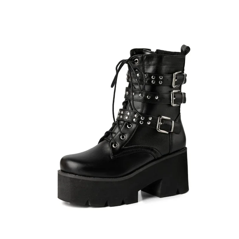 

Women Motorcycle Boots Fashion Winter Lady Vintage Combat Army Punk Ankle Platform Boots Gothic Short Boots Plus Size 33-47 C-10