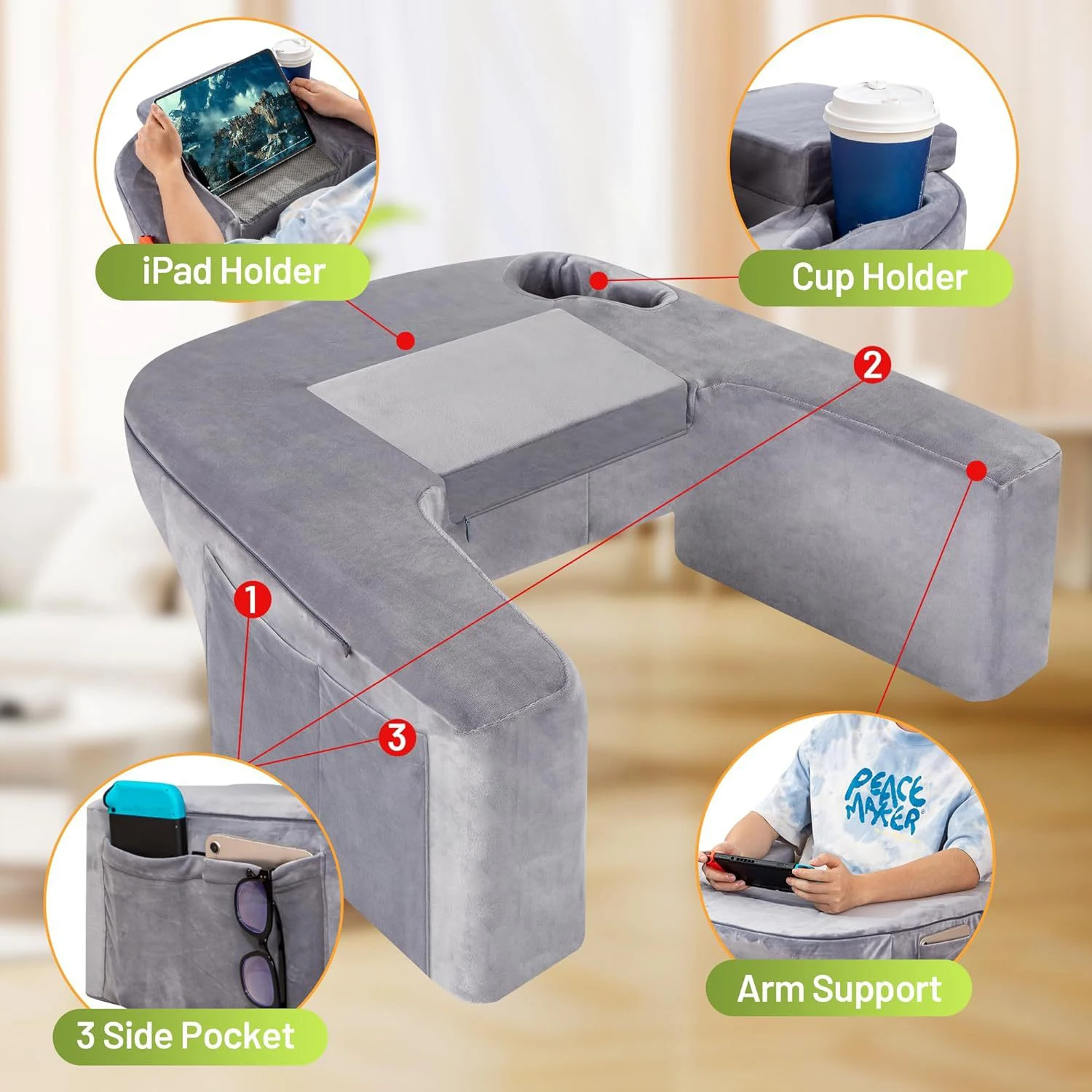 Reading Pillow for Gaming, Memory Foam Lap Desk Gaming Pillow for Reading, Working,  or Sitting in Bed Floor Sofa (Gray)
