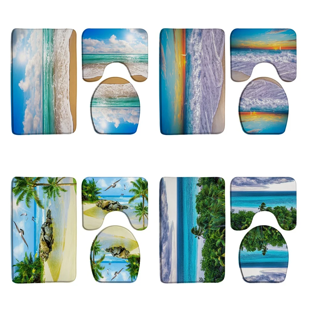 

3Pcs Ocean Beach Bath Mat Set Palm Tree Sea Waves Birds Tropical Summer Scenery Bathroom Decor Floor Carpet Rug Toilet Lid Cover