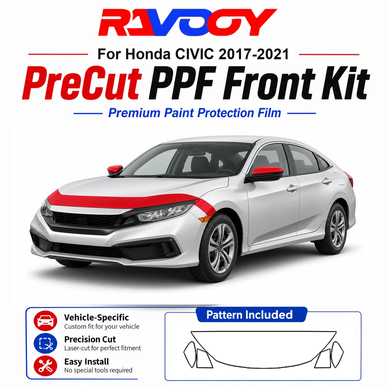 Kit de Película Protetora (PPF) de TPU Pré-Cortada de 8.5mil para Honda CIVIC 2017-2021 - Conjunto para Capô, Para-lamas e Espelhos - Película Transparente Autorregenerativa