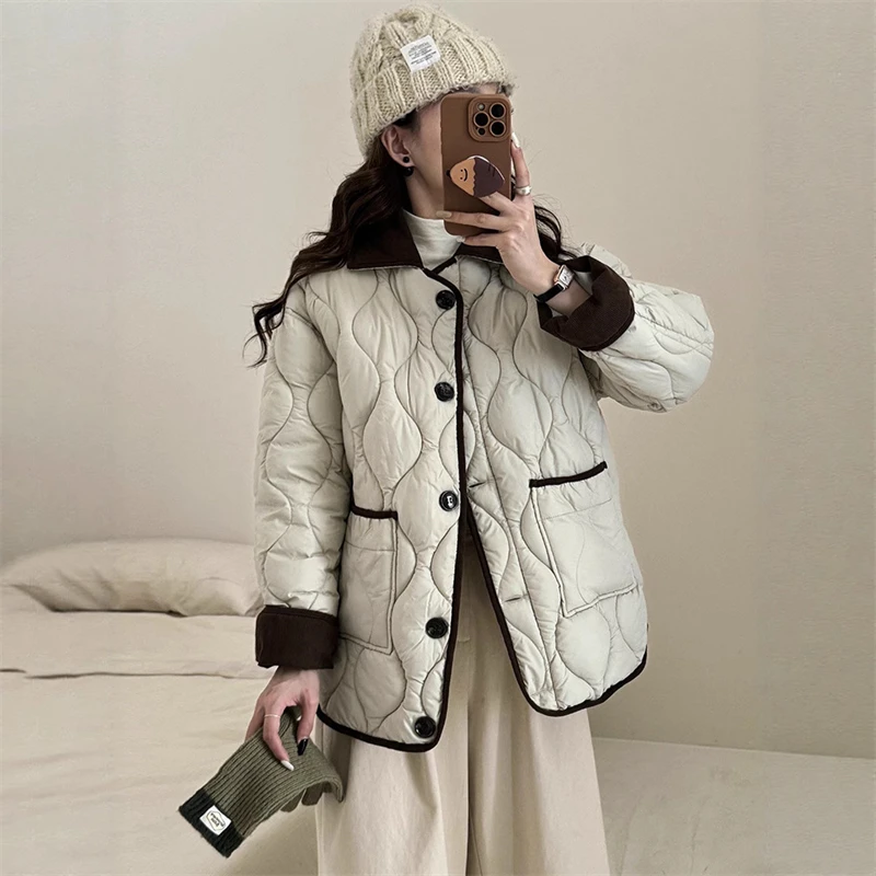 

Women's Down Cotton Padded Jacket 2025 Spring Autumn Contrast Lapel Rhombic Thin Short Loose Cotton Padded Casual Coats Female