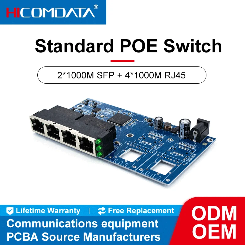 HICOMDATA Poe anahtarı 1000M 4 Port POE 2 Fiber SFP portu Gigabit Fiber anahtarı Ethernet Ip40 48v standart POE anahtarı PCBA savunmak