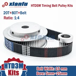 HTD3M 20T+80T Timing Belt Pulley Kits Belt Width 15mm Ratio 1:4 Bore 5~25mm Wheel Set HTD 3M 20Teeth 80Teeth Pulley Set for CNC