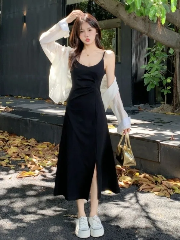 plus Size Women's Casual Sun Protection Shirt Strap Dress Summer Slimming Two-Piece Set V-Neck Long Sleeve Zipper Closure