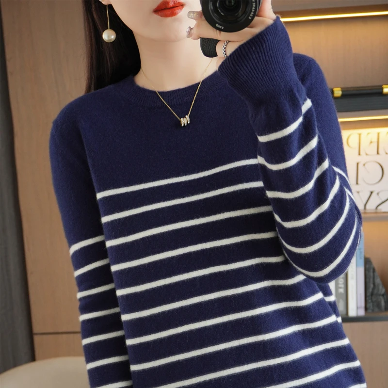 Spring And Autumn Striped Sweater Women\'s New Loose Crew-Neck Pullover Long Sleeve With Bottom Wool Sweater2024