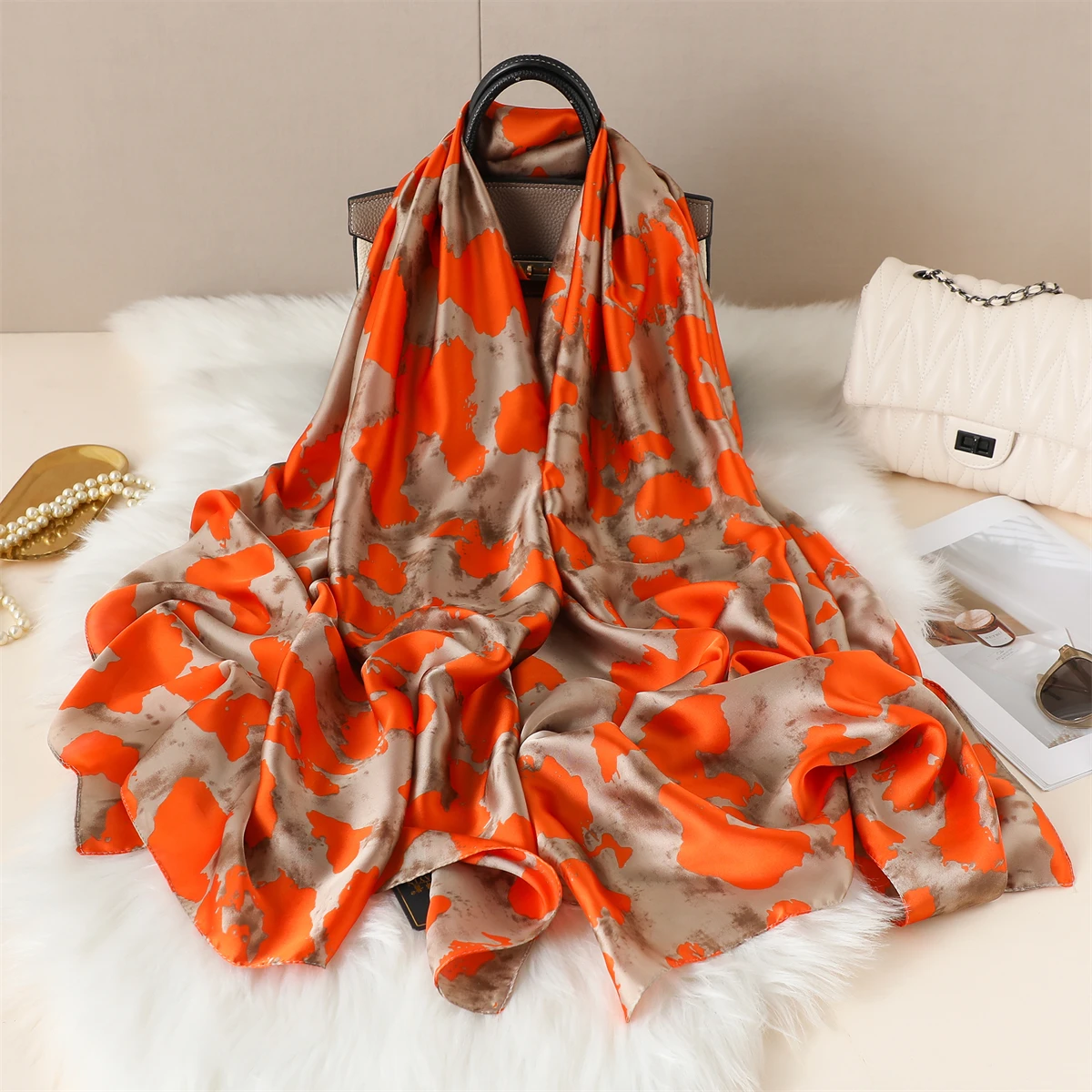Neue Geometrie Design Große Seide Weiche Schal Frauen Stilvolle Druck Lange Schal Taschentuch Sommer Sonnenschutz Elegante Reise Wrap