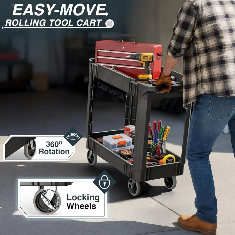 Carrinho de rolamento de nível duplo Olympia Tools - Carrinho utilitário resistente com capacidade de 500 libras com rodas giratórias de travamento para armazenamento e órgão