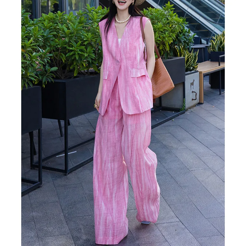 

Pink Linen Suit Set - Designer Style Fashionable Foreign Look Good-Looking Two-Piece Outfit with Vest And Wide-Leg Pants y2k2025