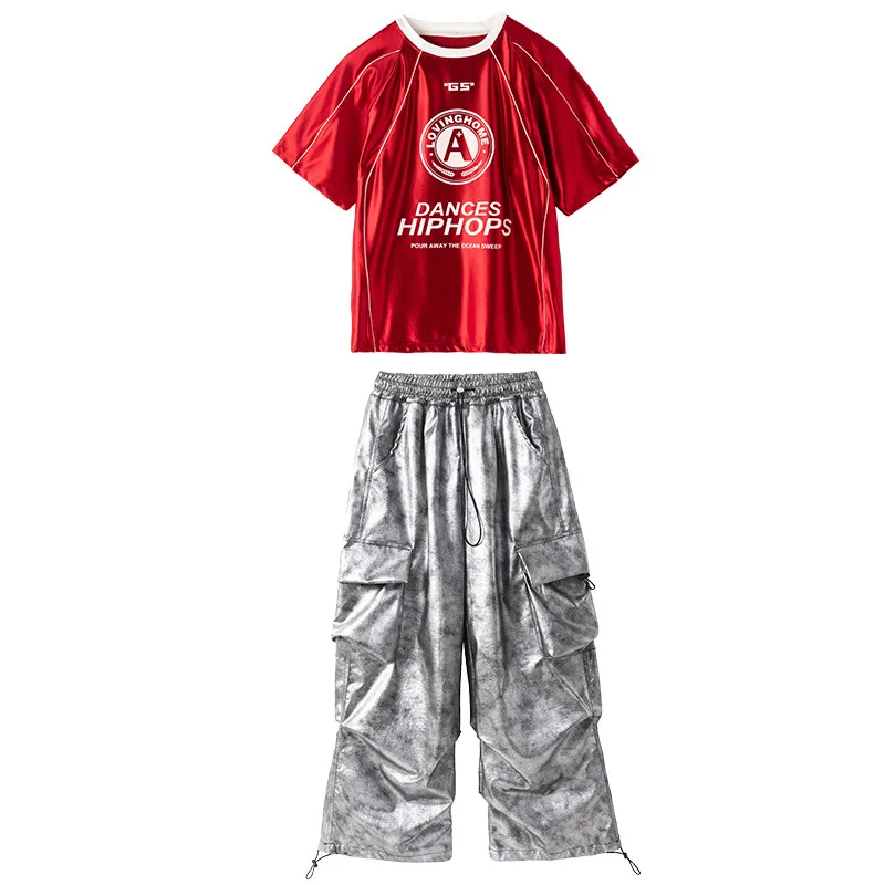 Kid Kpop Hip Hop Clothing Red Letter Jersey T Shirt Silver Tie Dye Parachute Cargo Pants for Girl Boy Jazz Dance Costume Clothes