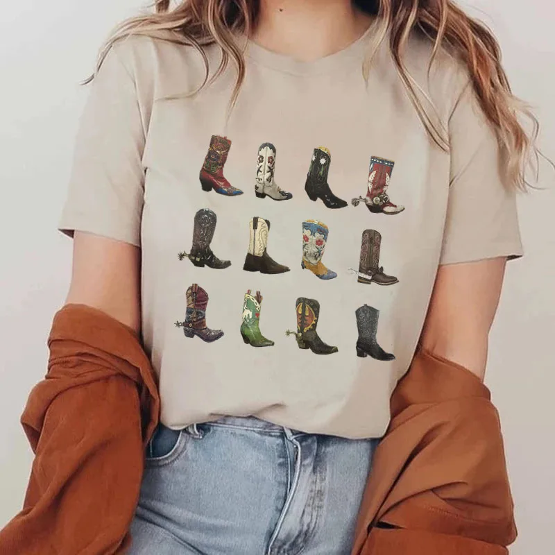 Boot Western T-Shirt Women Summer Loose Vintage Boho Texas T Shirt Cowgirl Cowboy Cute Graphic Tees Hippie Tshirts Retro