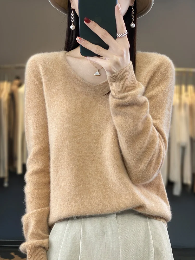 Women's Sweater 2023 Autumn Winter 100% Wool Knitted Pullovers V-neck Slim Fit Bottoming Shirt Solid Soft Jumpers Basic Sweaters