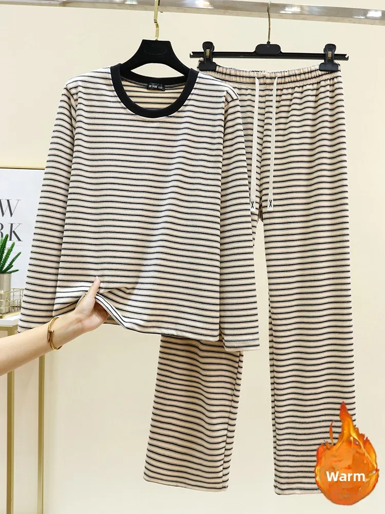 Thickened Double-sided Fleece Warm Home Clothes Set Long Sleeve Long Pants Fleece Lined Large Size Sleepwear Suit for Winter