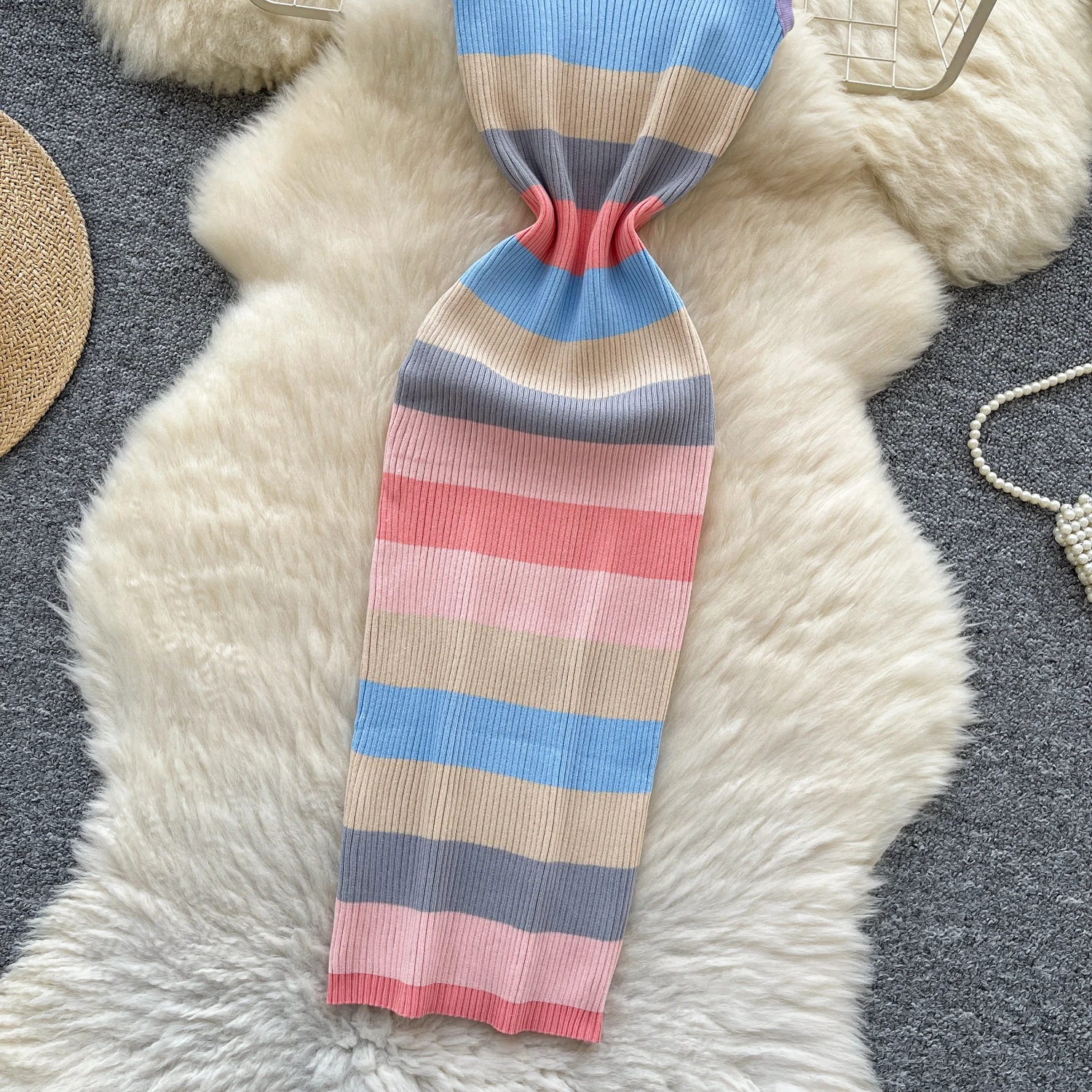 REALEFT ฤดูร้อน Vintage Rainbow ผู้หญิงถักชุด 2025 ใหม่แขนกุดสแควร์ Casual Sheath ดินสอห่อชุดหญิง