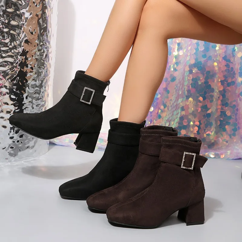Botines de tacón alto de estilo retro para mujer, ideales para el invierno, con hebilla, diseño moderno y sensual, perfectos para la oficina o para un look casual. Botines Chelsea para mujer, disponibles en tallas grandes.