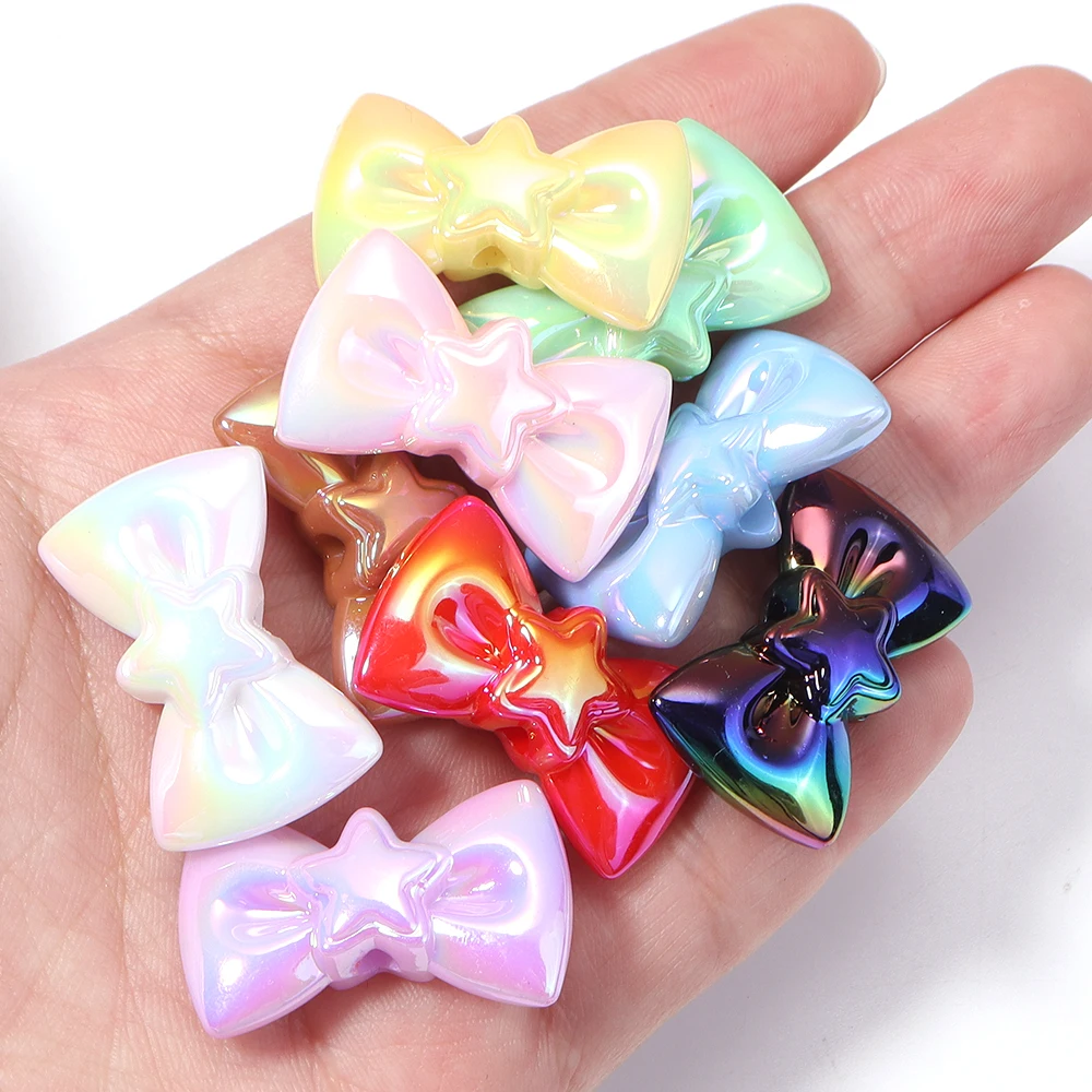 10pcs/lot 17x28mm Acrylic Loose Beads AB Rainbow Color Plated Mini Bows for DIY Jewelry Making Bracelet Necklace Accessories
