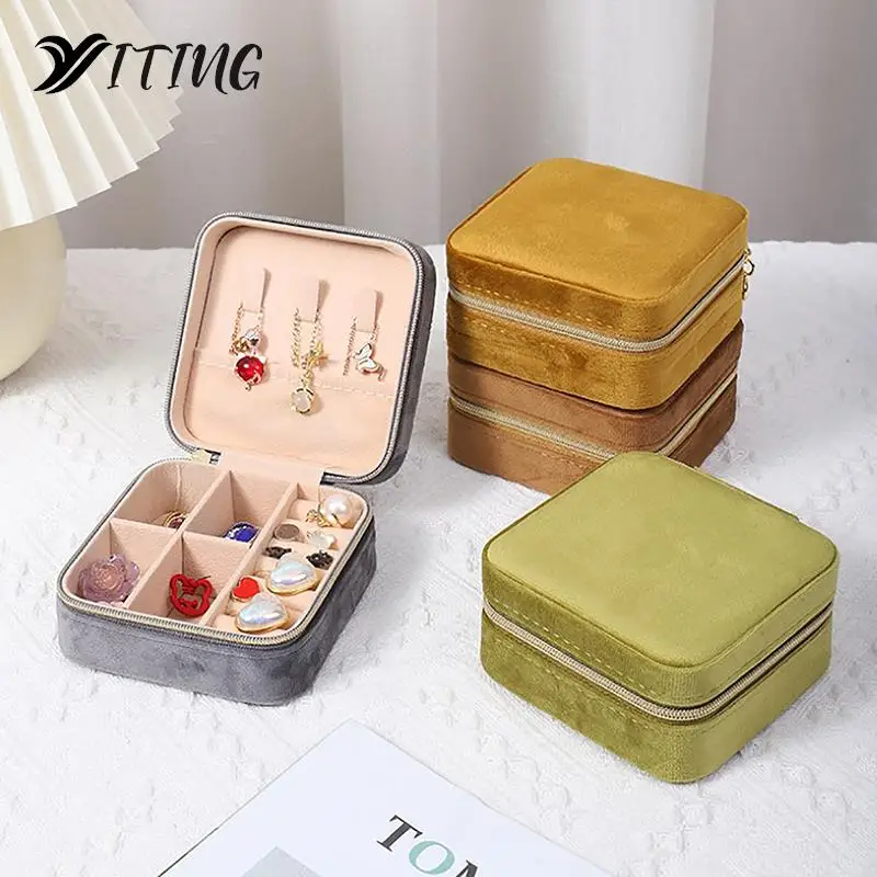 Plush Velvet Jewelry Box For Women Necklace Ring Earrings Organizer Holder Travel Portable Zipper Square Jewelry Storage Case