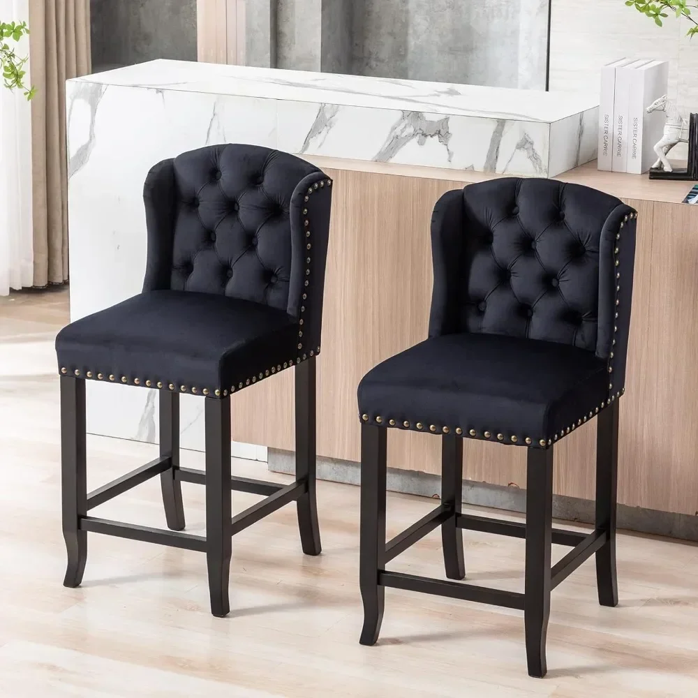 Modern Tufted Bar Stools Set of 2, 26" Counter Height Bar Chairs with Back, Velvet Kitchen Island Chair Barstools with Wood Legs