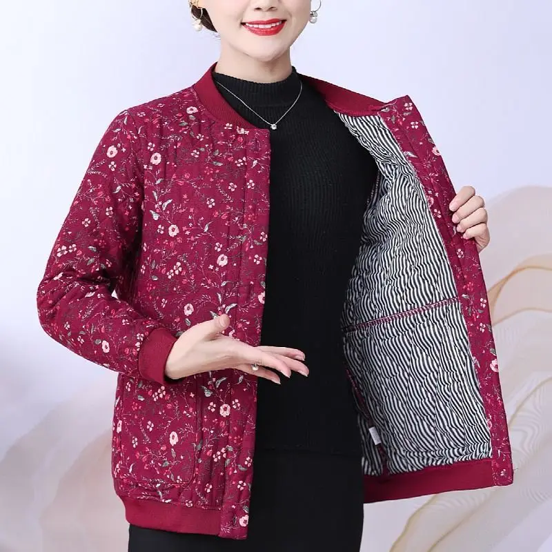 

plus Size Cotton Linen Floral Print Stand Collar Thiened Jaet Mom Sle Mid-aged And ly Women's Faion Outerwear