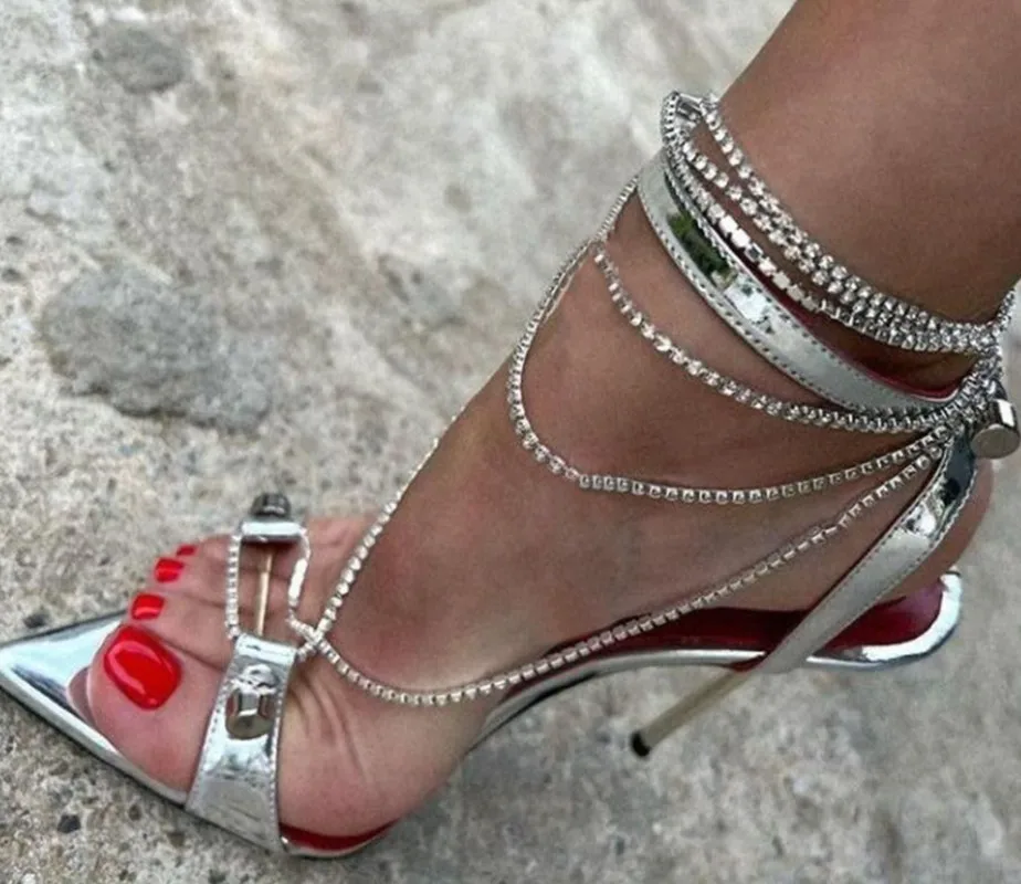 Rhinestone Chain Ankle Strap Sandals Patent Leather Bling Bling Silver Thin High Heels Metal Buckle Pointed Toe Sexy Sandals