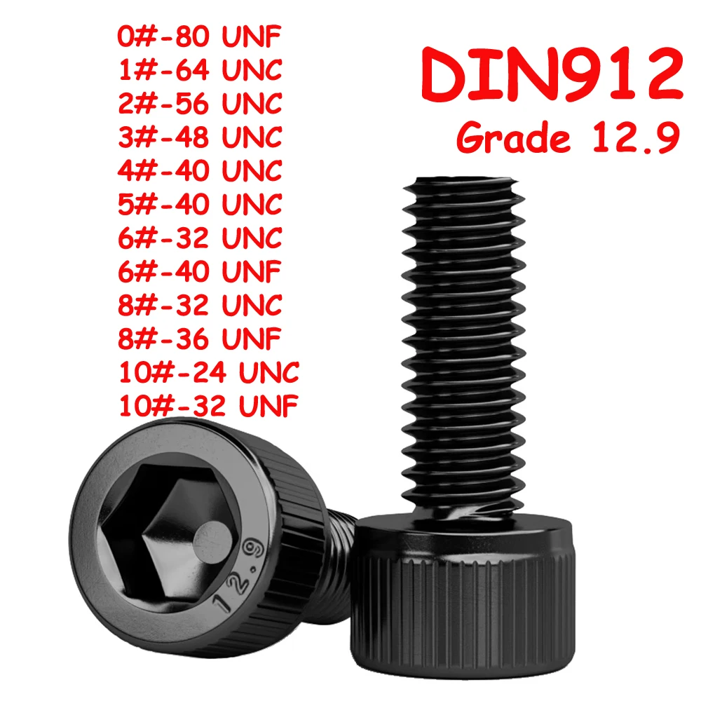 Yiqianyuan 0# to 10# UNC UNF Thread DIN912 Grade 12.9 Alloy Steel Hex Socket Knurled Cap Head Bolts Allen Key Screws