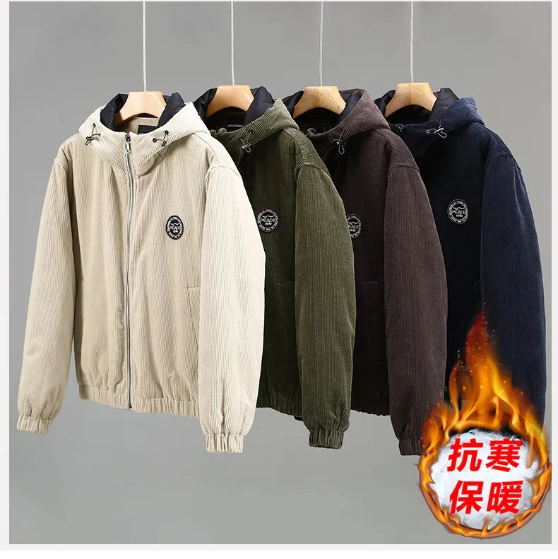 Korean Fashion Mens Short Parkas Coats Winter Daily Casual Padded Jackets Corduroy Solid Loose Thicken Hooded Jacket Keep Warm