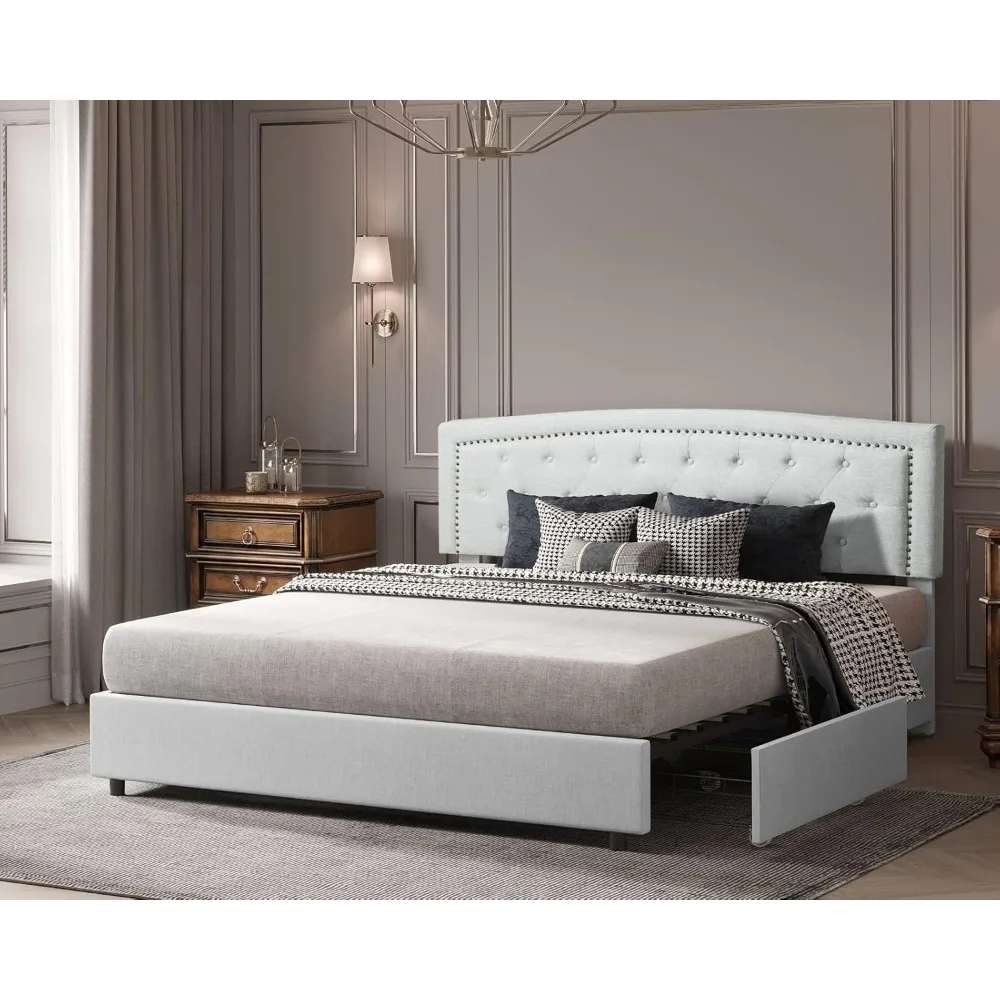 King-size storage bed frame with sand-upholstered low-profile traditional platform with tufted and studded headboard