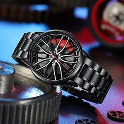 Car Watches For Men Waterproof Alloy Stainless Steel Quartz Wrist Watch Sports Men’s Watches With Car Wheel Rim Hub Design