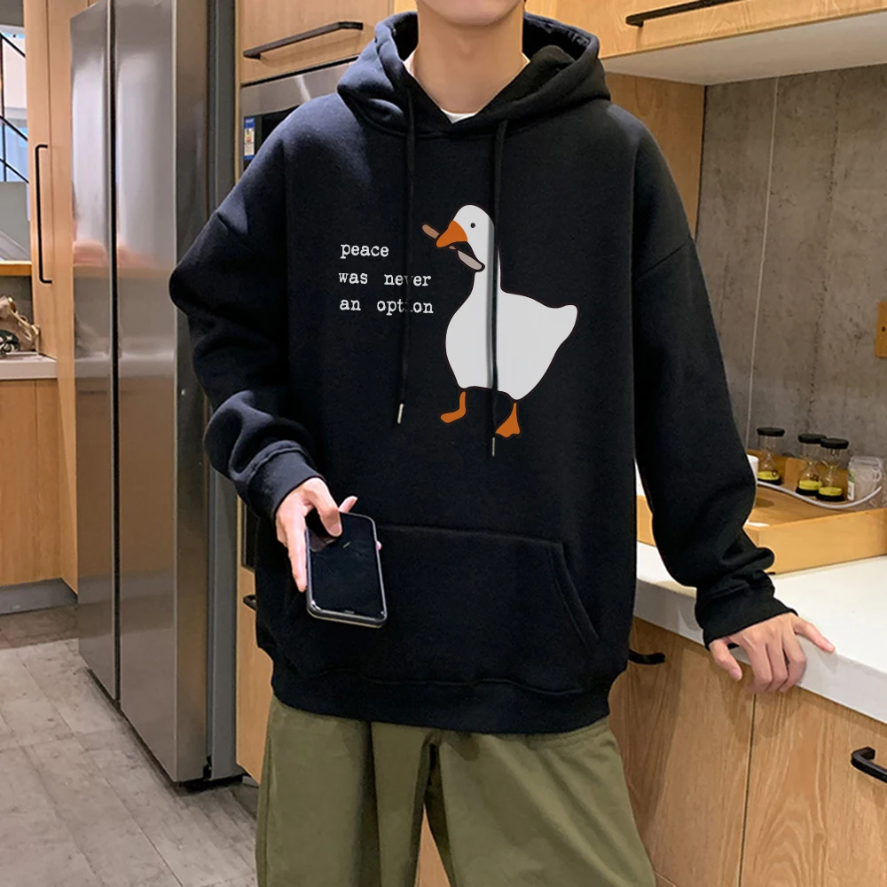 Peace Was Never An Option Goose Printing Mens Long Sleeves Cute Casual Pullover Creativity Pocket Warm Clothes Male Sweatshirts