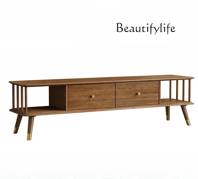

FG28Nordic Solid Wood Japanese Style Ash Wood TV Cabinet and Tea Table Combination Walnut Color Living Room Log Modern