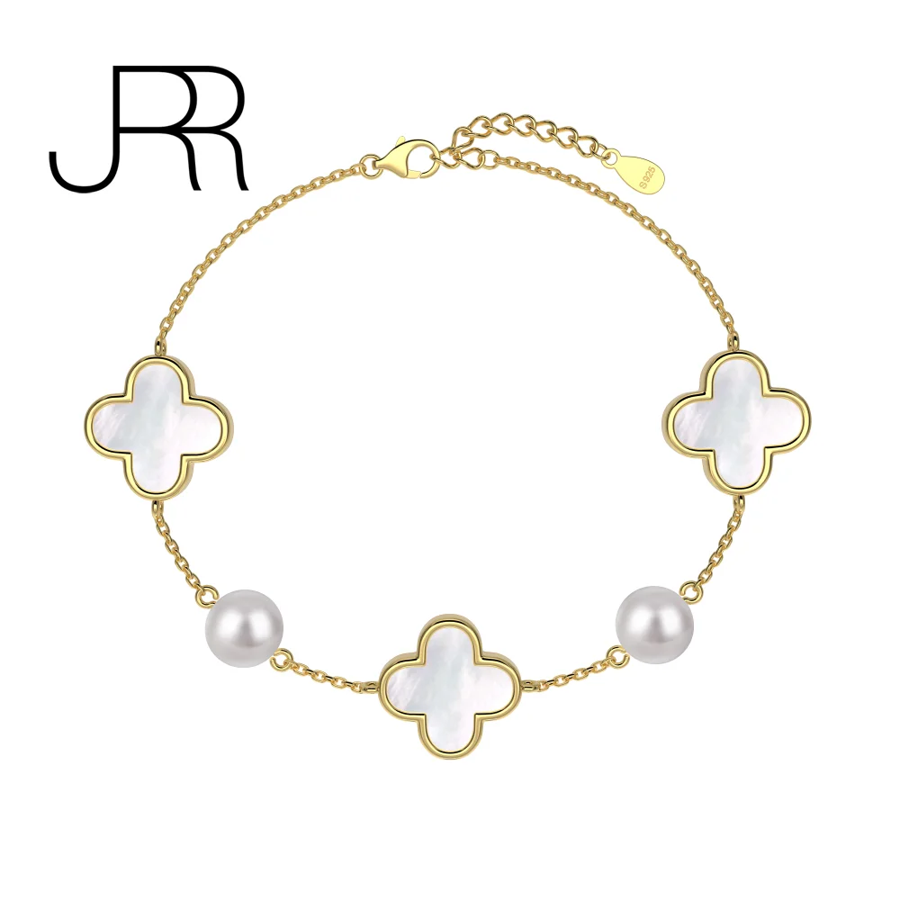 JRR 100% 925 Sterling Silver Four Leaf Pearl Girl Bracelets Party Cocktail Fine Jewelry Birthday Gifts Free Shipping