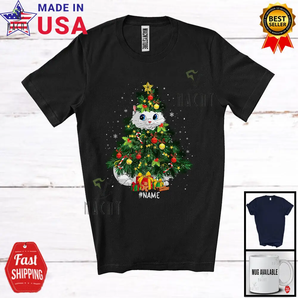 Custom Name Persian Cat Christmas Tree Cosplay; Joyful Family Snowing T-Shirt