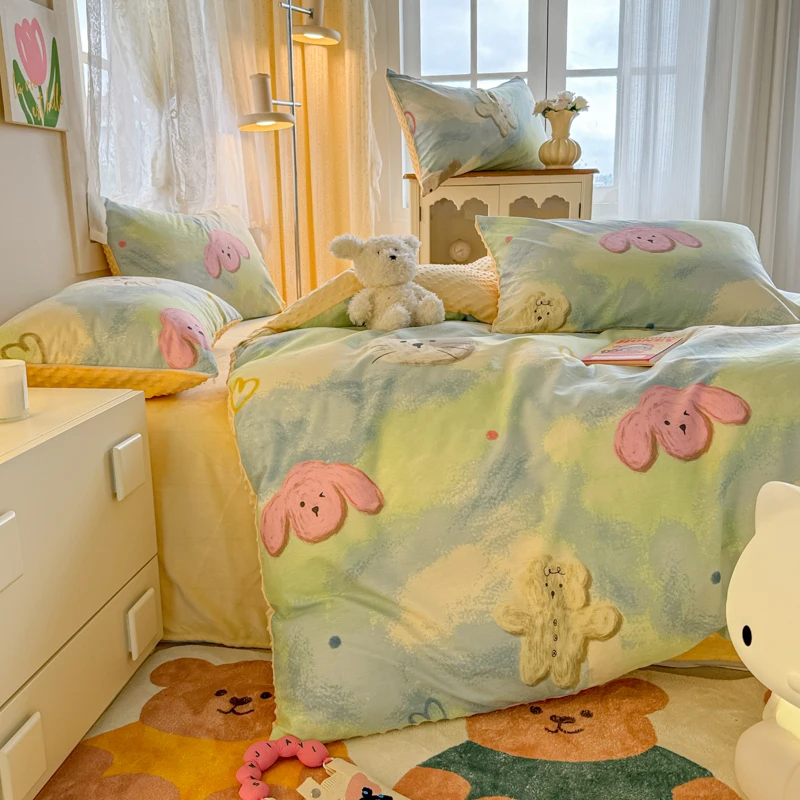 Colorful Milk Velvet Duvet Cover 3 Piece Set Cute Animal Theme Warm Plush Comforter Cover Luxury Ultra Soft Queen King Bedding