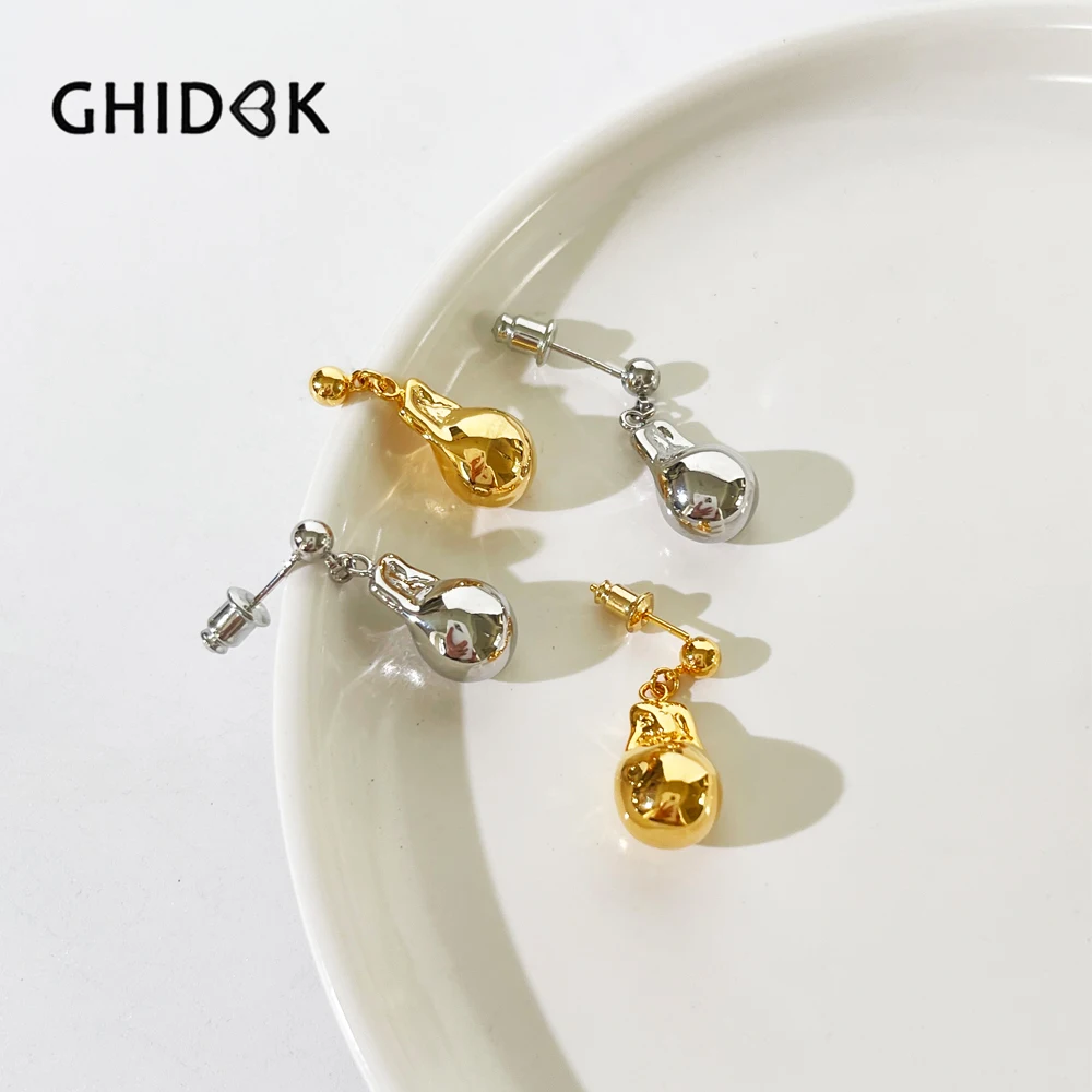 GHIDBK Solid Gold Silver Plated Metal Baroque Drop Earrings Women's Unique Hammered Irregular Ball Dangle Earring Minimalist