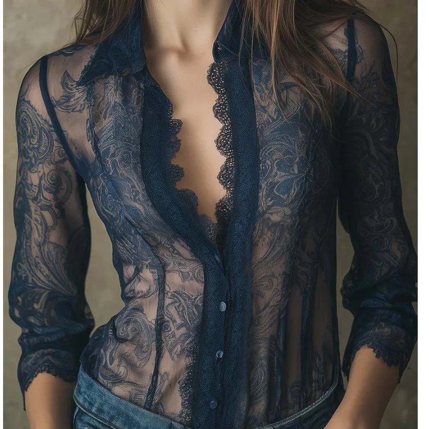 Women Blouse Printed Long Sleeve Open Front Blouses Lace Trim Fitted Waist Shirt Sheer Collared Transparent Top Button Up Shirt