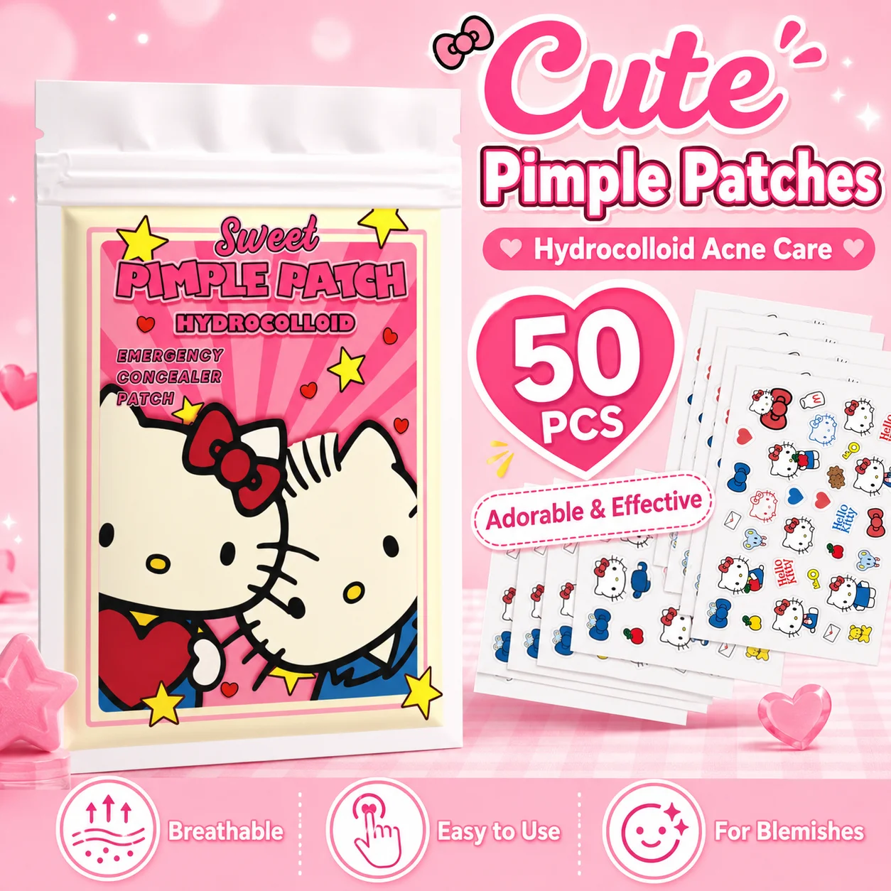 50PCS hello kitty Acne patches, facial acne patches, hydrogel acne removal patches, concealer