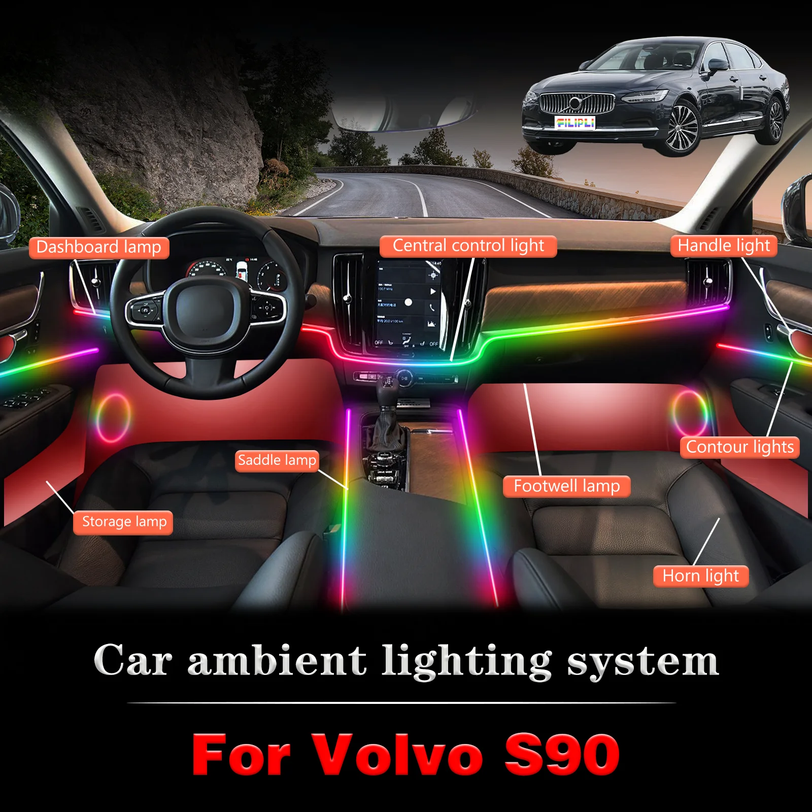 

For Volvo S90 Car Interior Ambient Light RGB 64-Color LED Smart Remote Control Energy Saving Lamp Kit