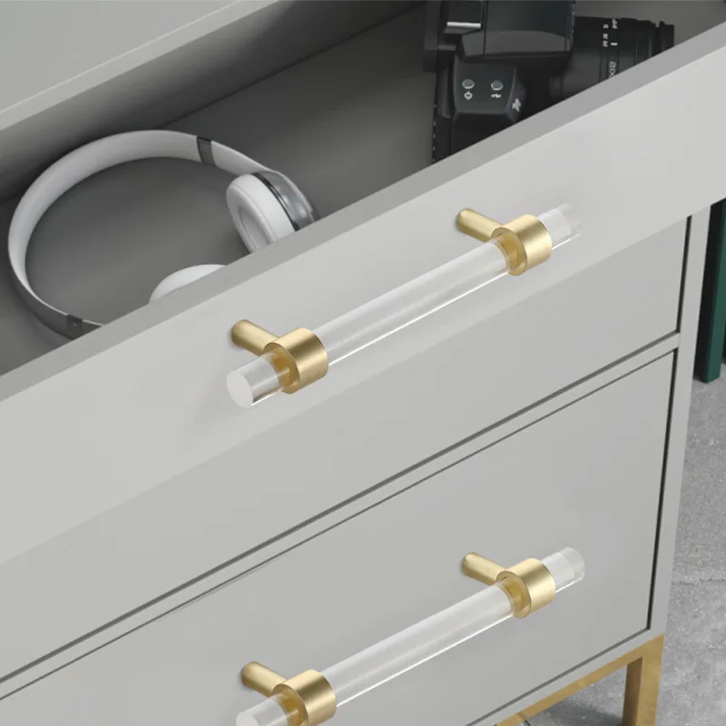 Transparent Acrylic Brass Furniture Handles Modern Long Pulls Cupboard Bedroom Wardrobe Dresser Shoe Box Drawer Cabinet Knobs