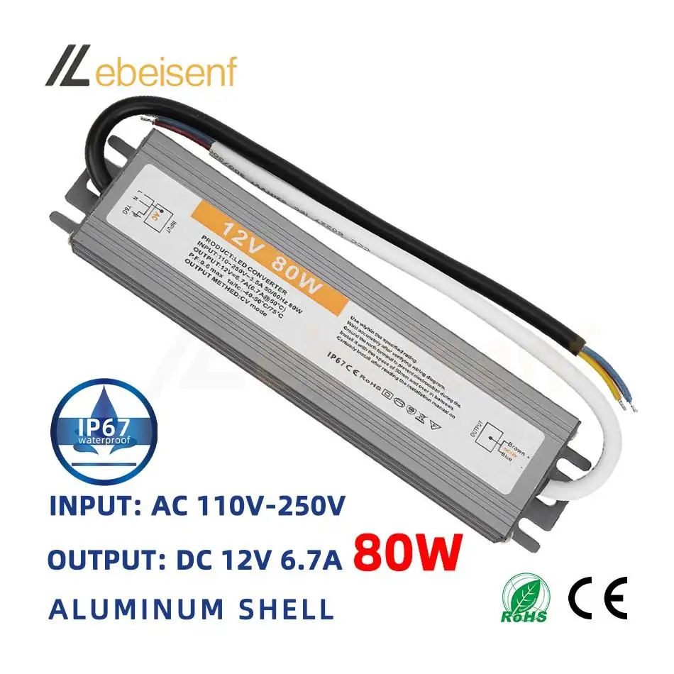 Lighting Transformer 110-250V AC to DC 12V 80W 6.7A LED Driver Adapter Aluminum Outdoor IP67 Waterproof Switching Power Supply