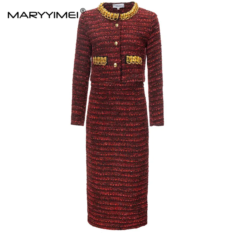 MARYYIMEI New Fashion Runway Designer Women's Round Neck Tweed Long Sleeve Beaded Jacket Top+Hip Wrap Slit Skirt 2-Piece Set