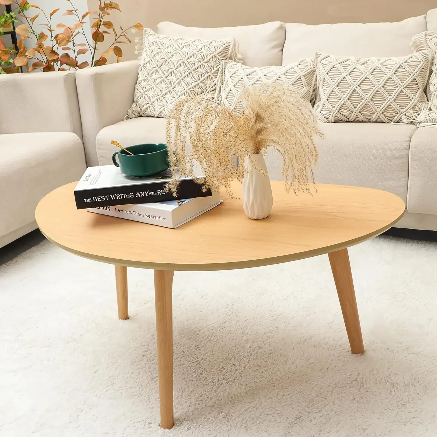 Small Oval Coffee Table Mid Century Modern for Living Room Center Minimalist Display Coffe Table,Nature Wood,18.9