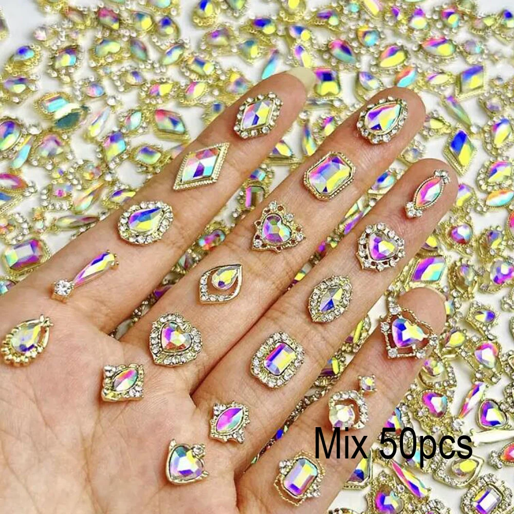 50 Stück Licht Luxus AB Edelsteine gemischte Form Herz/Oval/Wassertropfen Nail Art Strass Nägel Diamant Aurora Super Flash Nagelschmuck