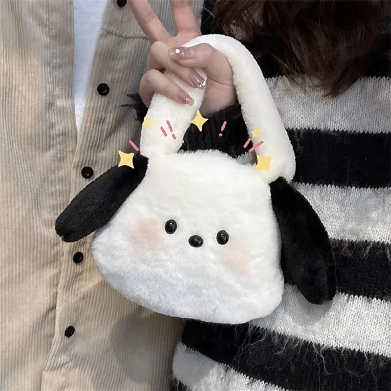 MBTI Small Pochacco Womens Handbag Plush Fluffy Cartoon Casual Cute Bag All-match 2024 Fashion Girls Luxury Designer Coin Purse