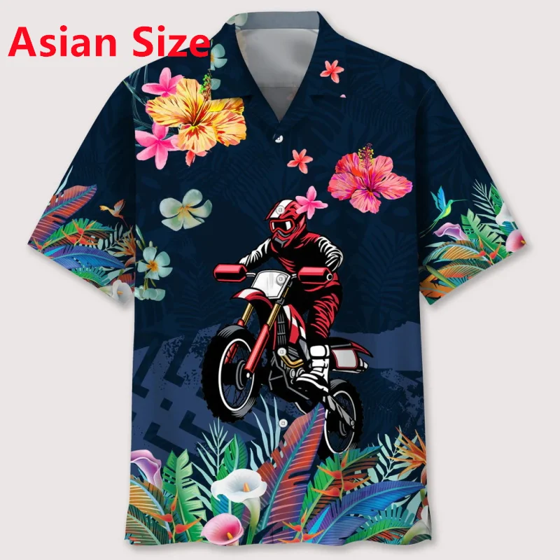 Full Print Flower Motocross Pattern Beach Shirts Casual Short Sleeve Button Hawaii Shirts For Men New In Men Holiday Aloha Shirt