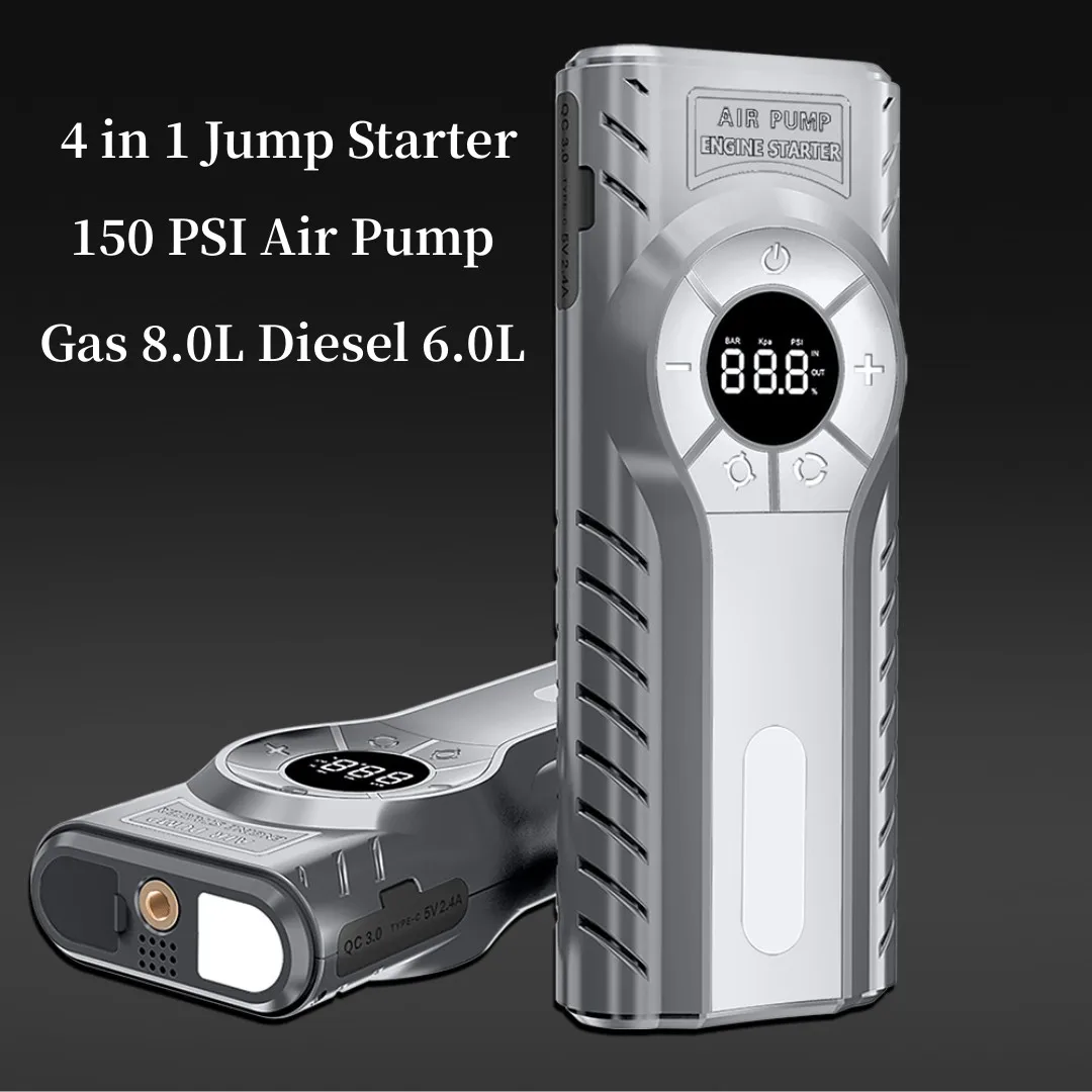 4 IN 1 2500A Car Jump Starter Pump Air Compressor 22000mAh Power Bank Starting Device Booster 12V Digital Tire Inflator 150PSI