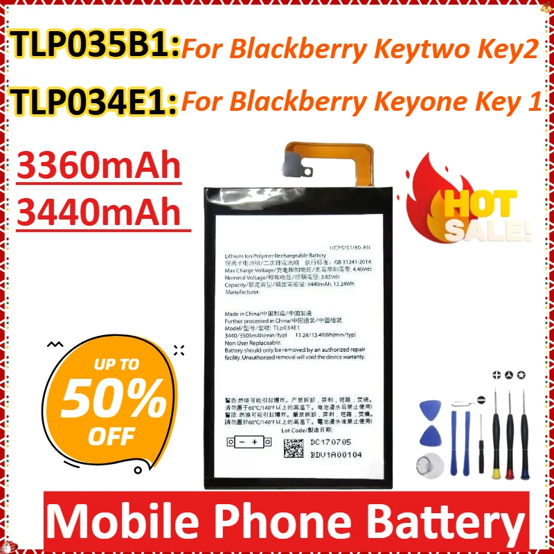 

New TLP035B1 TLP034E1 3360mAh 3440mAh for Blackberry Keytwo Key2 /Keyone Key 1 High-Capacity Mobile Phone Battery + tools