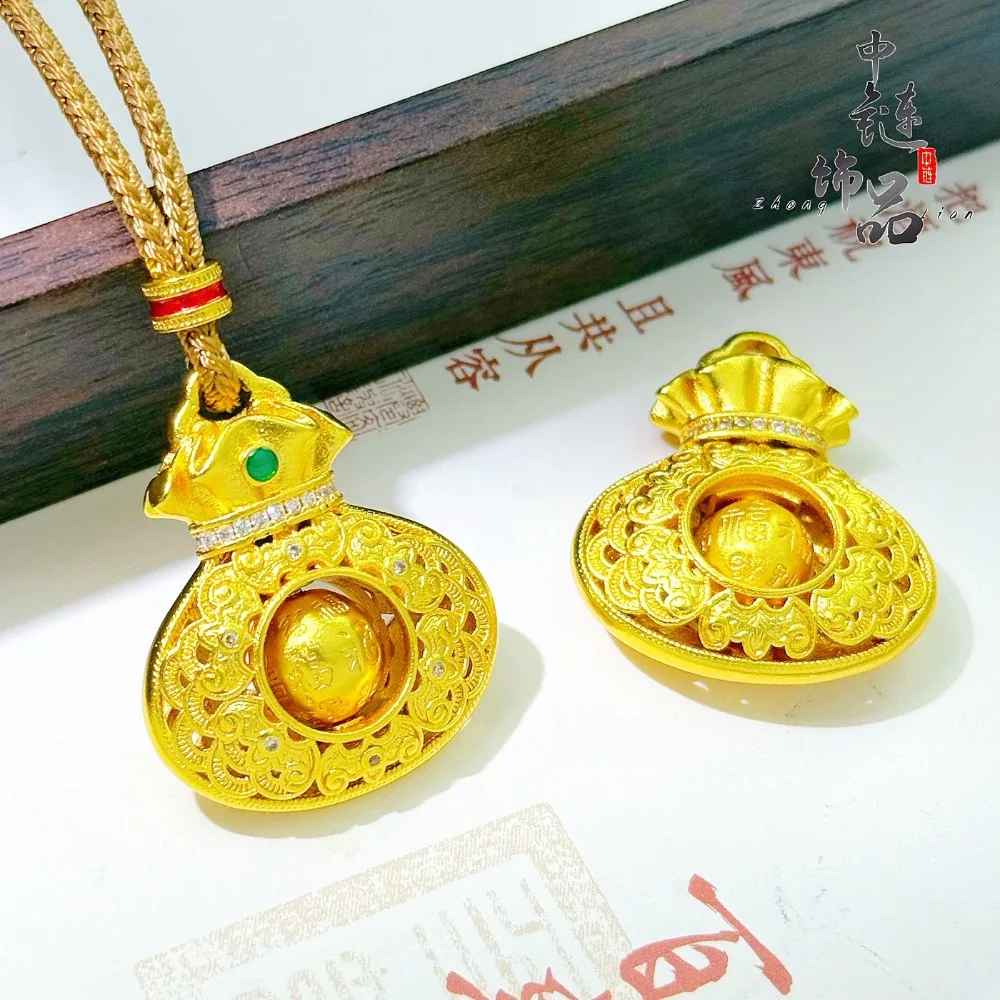 Diamond-studded rotating Fu character Fu-bag pendant - New Chinese-style traditional auspicious bag 9999gold